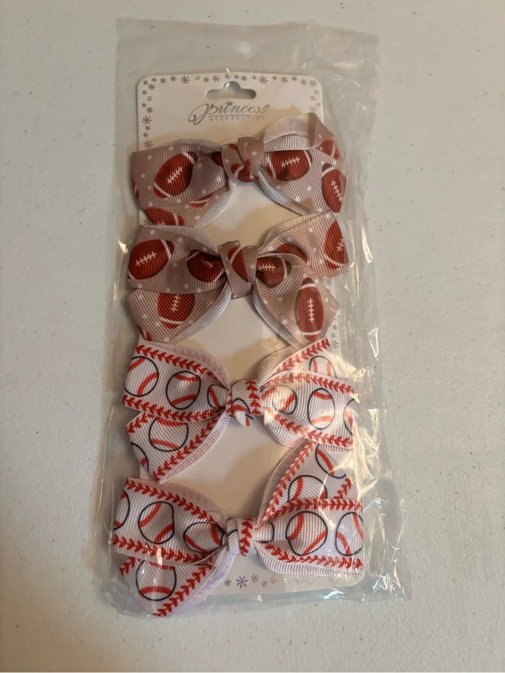 Sports-Themed Hair Bow Set – Baseball & Football Bows (4 Pack) – New